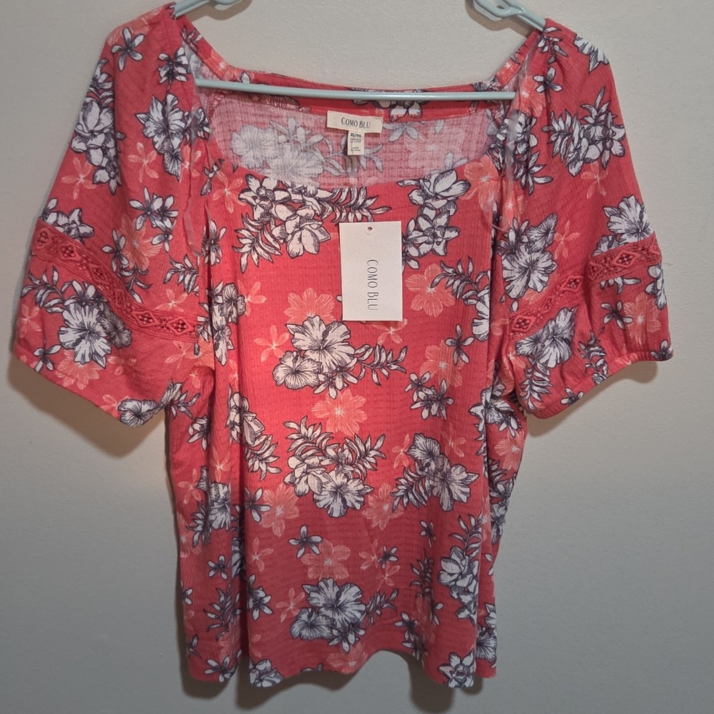 Como Blu Blouse Womens XL 16/18 Coral Floral Crochet Lace Sleeve Square Neck NWT